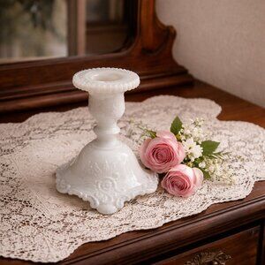 Vintage Westmoreland Milk Glass Candlestick Holder 'Scroll and Lace' 4.25" tall